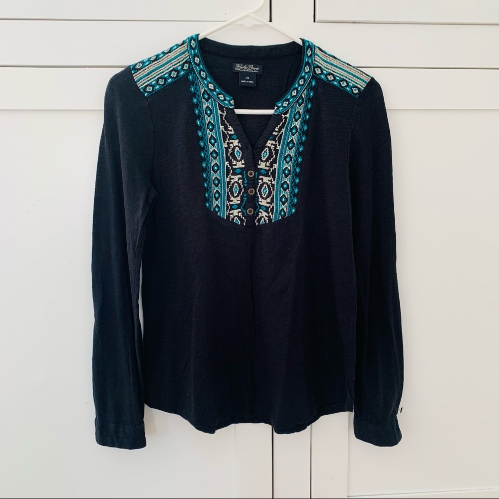 Lucky Brand Black Blue Embroidered Long Sleeve Size XS